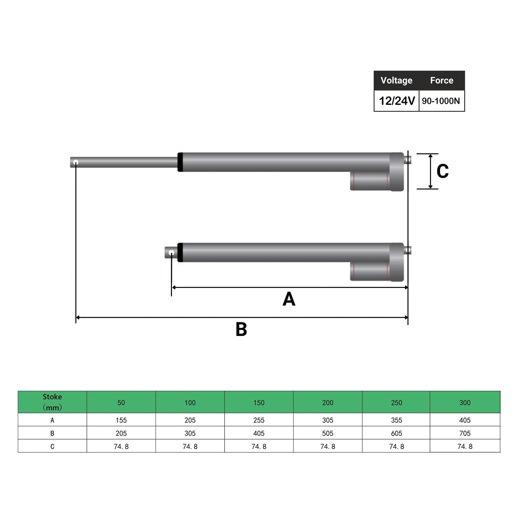 Actuador Lineal de 24 V, 50 mm, 100 mm, 150 mm, 200 mm, 250 mm, 300 mm, Carrera, 1000 N, Motor eléctrico de accionamiento Lineal, Velocidad de 90 mm/s(Stroke 300mm,24V 200N 40mm s)