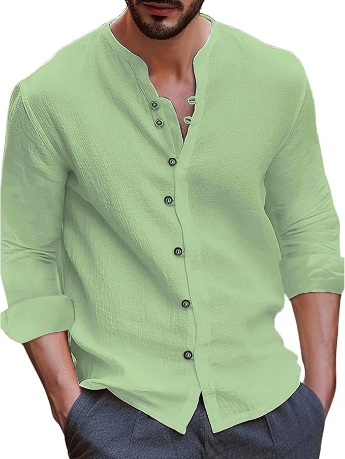 Mens Cotton Linen Long Sleeve Shirt Lightweight Button Down Banded Collar Shirts Loose Fit Henley Blouses Shirt