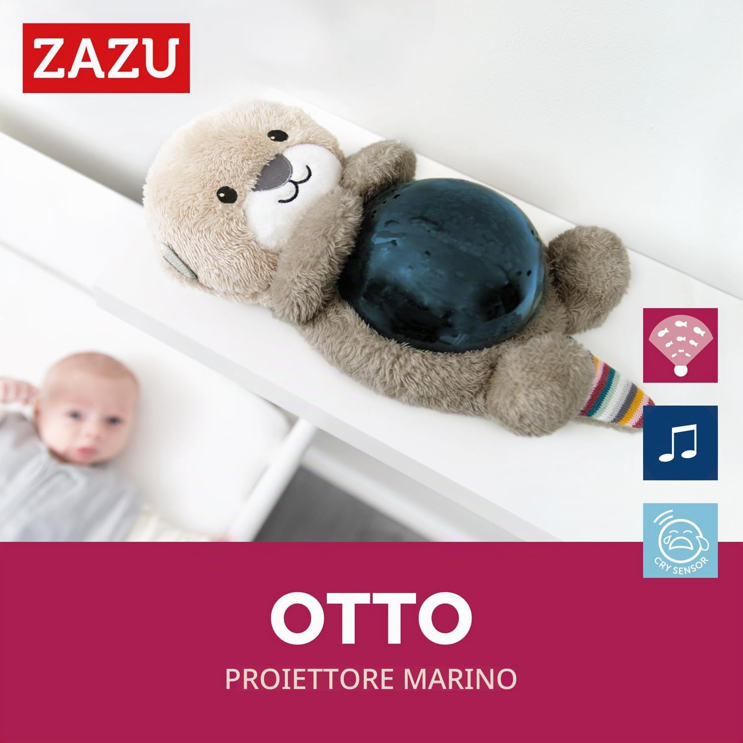 ZAZU Otto der Otter - Proiettore di luce notturna a LED, oceano, pesci mobili, onde, 5 melodie, 3 livelli di sonno, rilevazione del rumore, funzionamento a batteria
