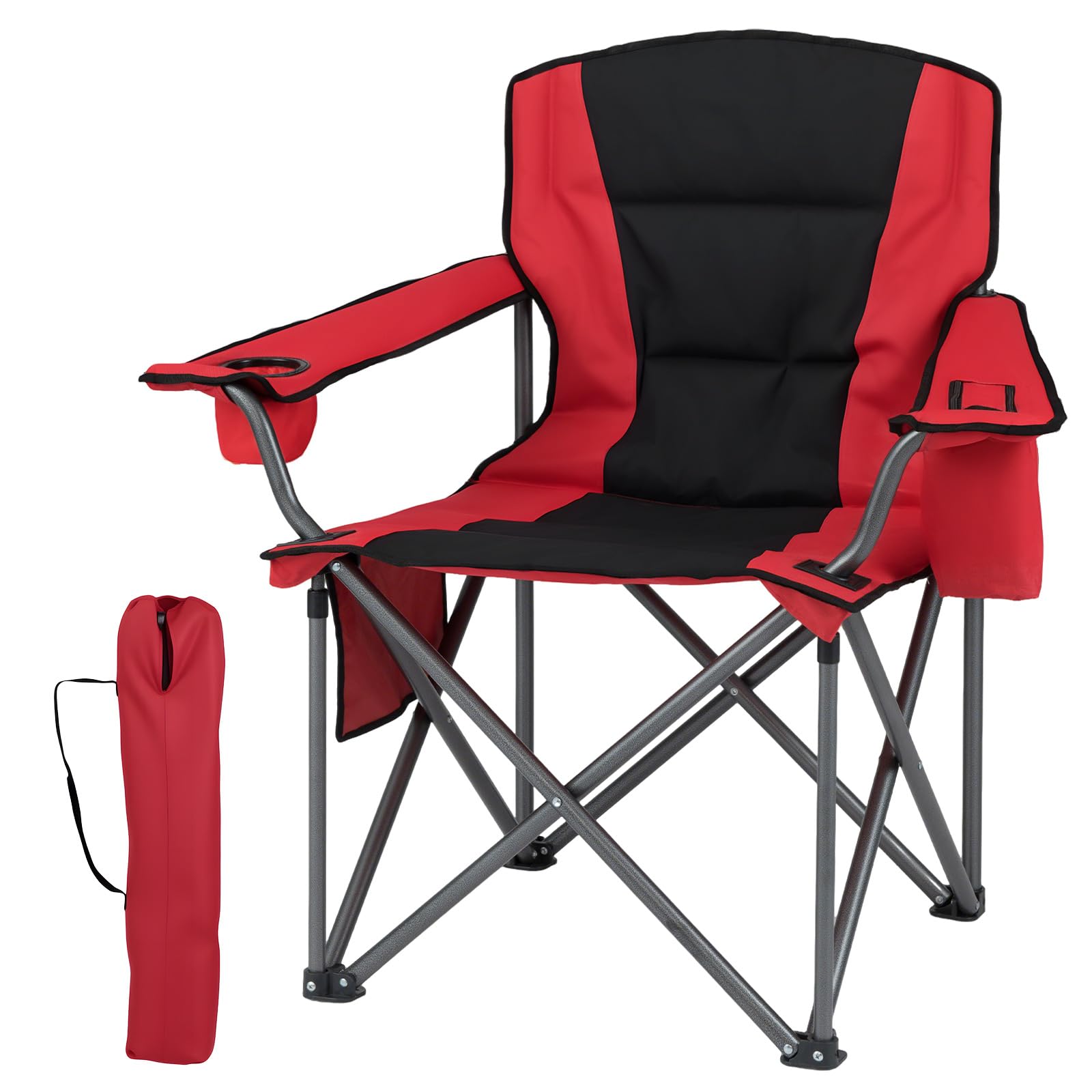 COSTWAY 180kg Oversized Camping Chair, Portable Folding Chair with Carrying Bag, Zippered Cooler Pouch, Cup Holder and Side Storage Pocket, Outdoor Padded Lawn Chair for Fishing & Picnics (Red+Black)