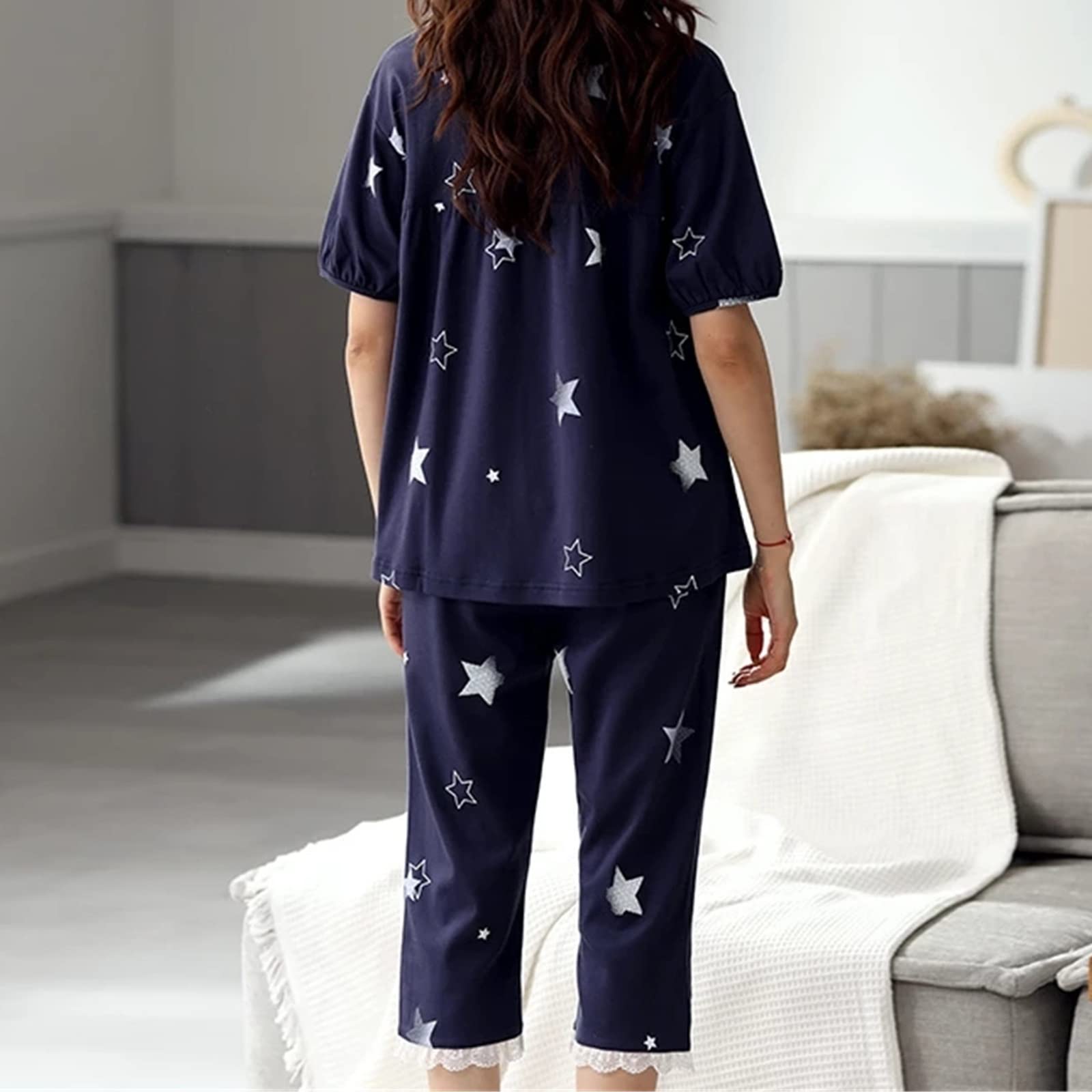 Damen-Sommer-Pyjama-Set, Damen-Pyjama-Set, Sommer-Satin-Pyjamas, Anzüge, kurzärmelige Homewear, Freizeitkleidung, Homewear (Farbe: Blau, Größe: 2X-Large)
