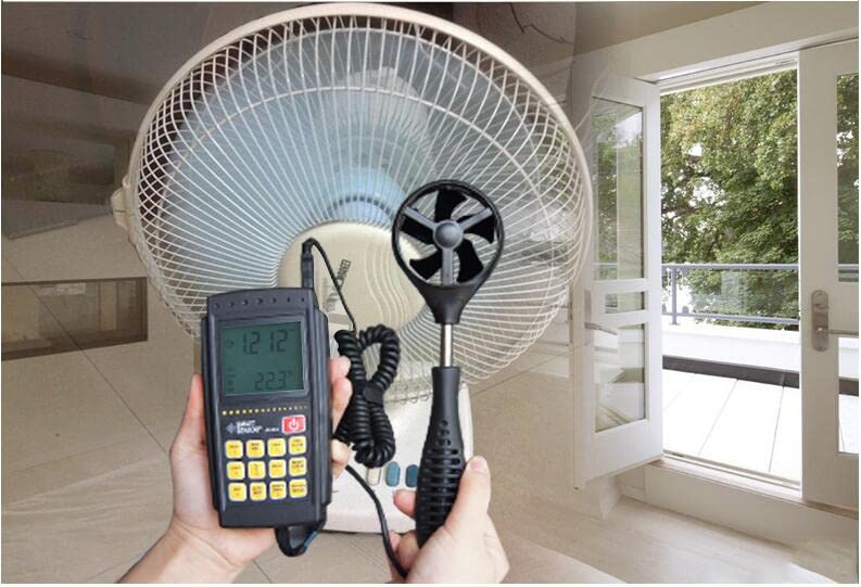 Anemometer measuring airflow from a household fan