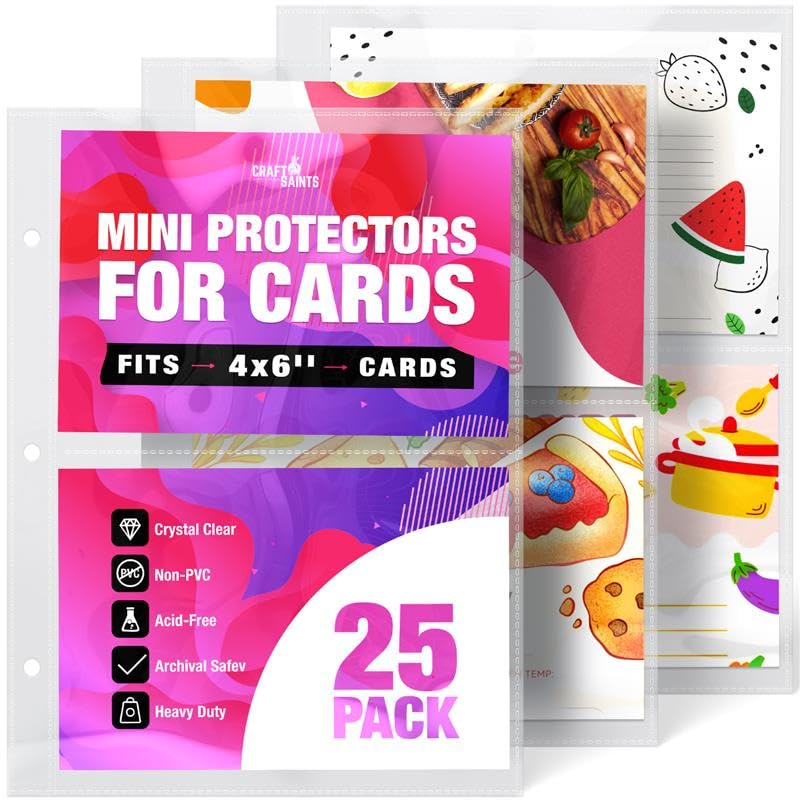 recipe card sleeve protectors 50 Pockets Mini Sheet fit 4x6'' Cards (Pack of 25) for 8.5x9.5'' Mini Binders, Half Binders, Book Page Refill Sheets, 2 Pocket Index Protectors, Crystal Clear Covers Size:11x9 inches Battles of Legend: Hero's Revenge these rugged plastic sleeves You hear a lot