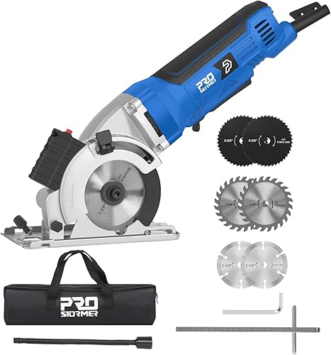 Mini sierra circular, sierra circular compacta eléctrica de 6,500 RPM, guía de corte láser, sierra de corte con mango con 3 cuchillas para madera,