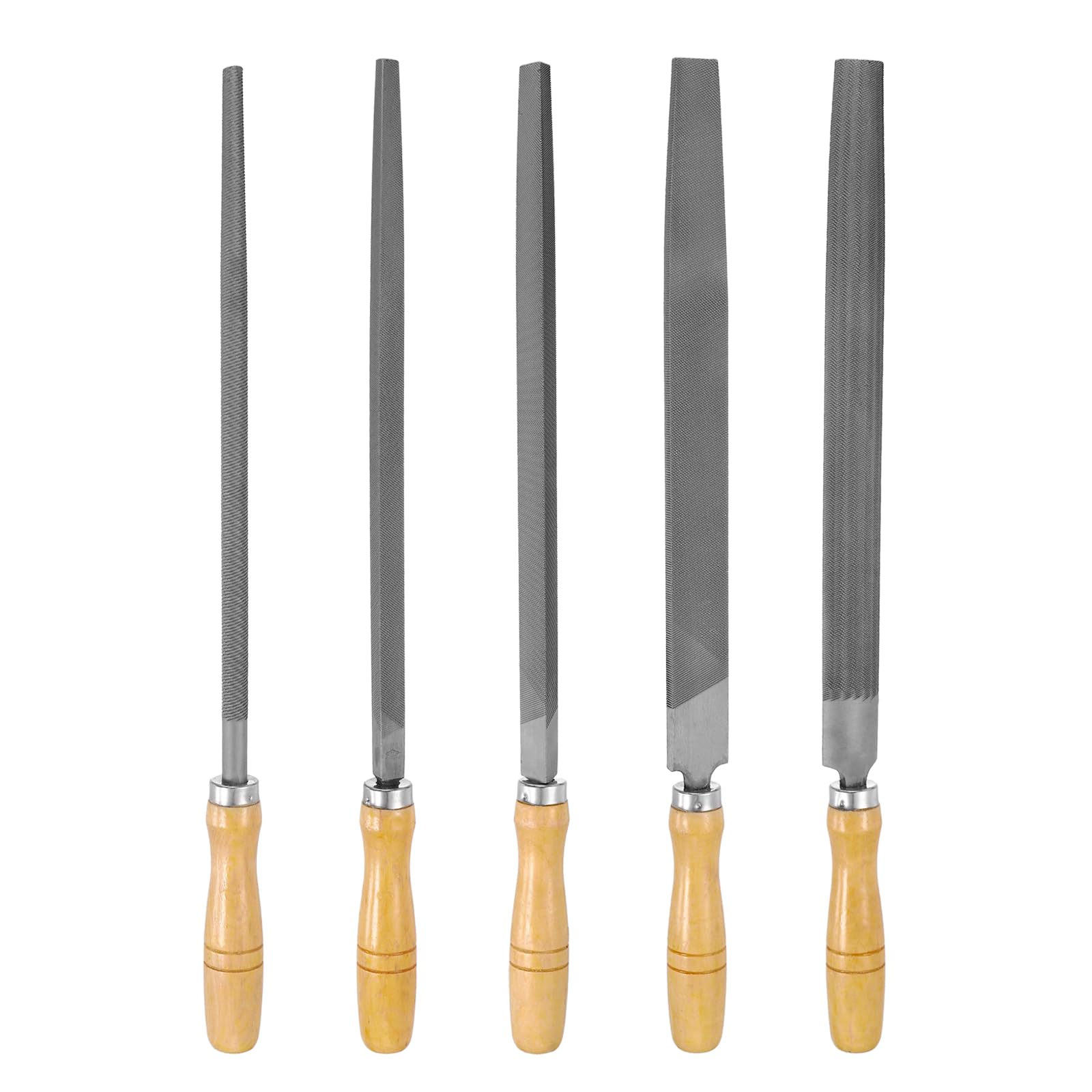 sourcing map 5pcs Metal File Set 300mm Medium Teeth High Carbon Steel Hand Files with Wooden Handle Square/Flat/Triangle/Half-Round/Round for Metal Wood Stone Grinding Polishing Engraving