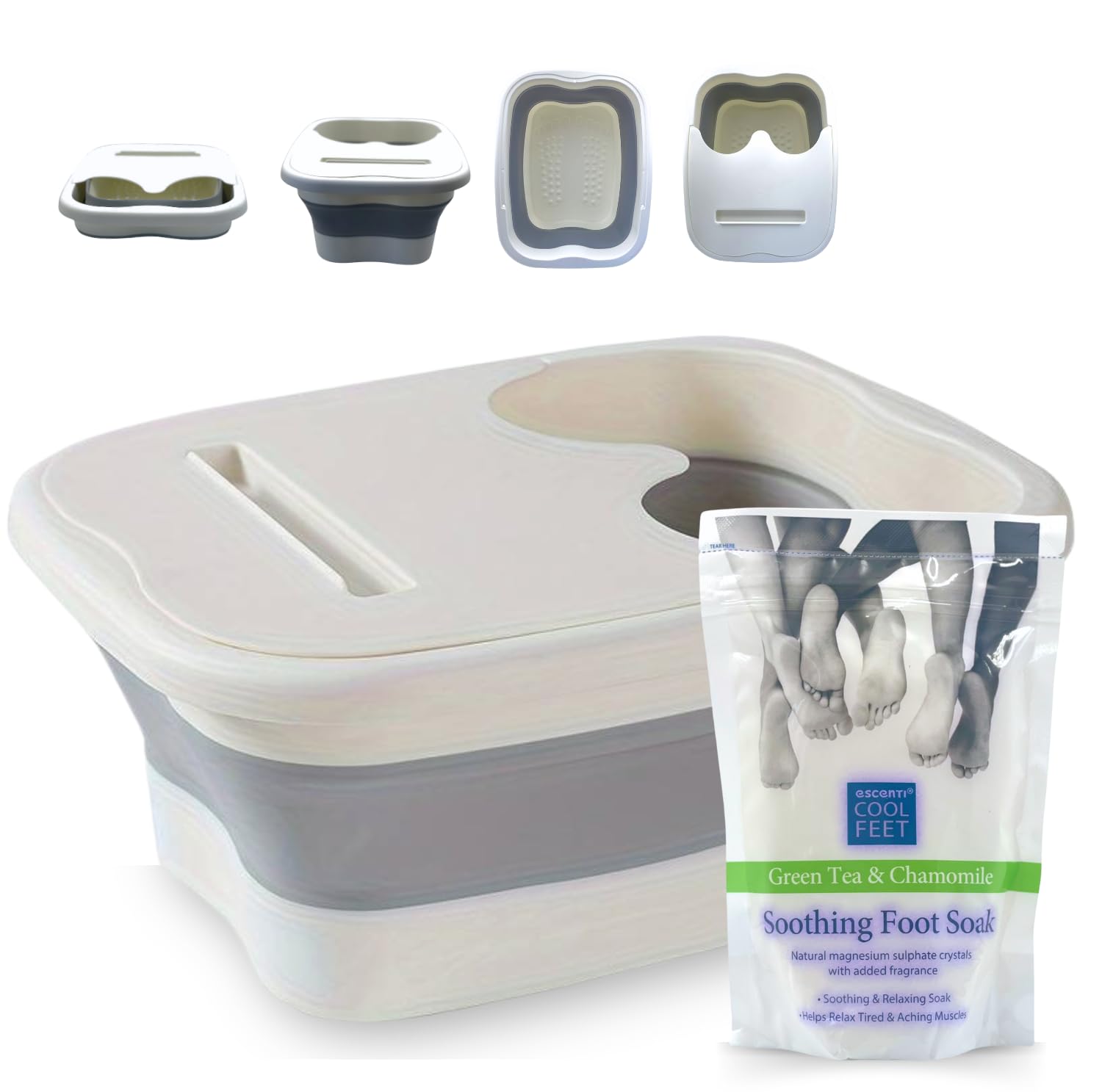 Foot Soak & Massage Kit - Foldable Feet Bath Tub, Portable Massage Soaking Basin & Cool Feet Green Tea & Chamomile Soothing Soak