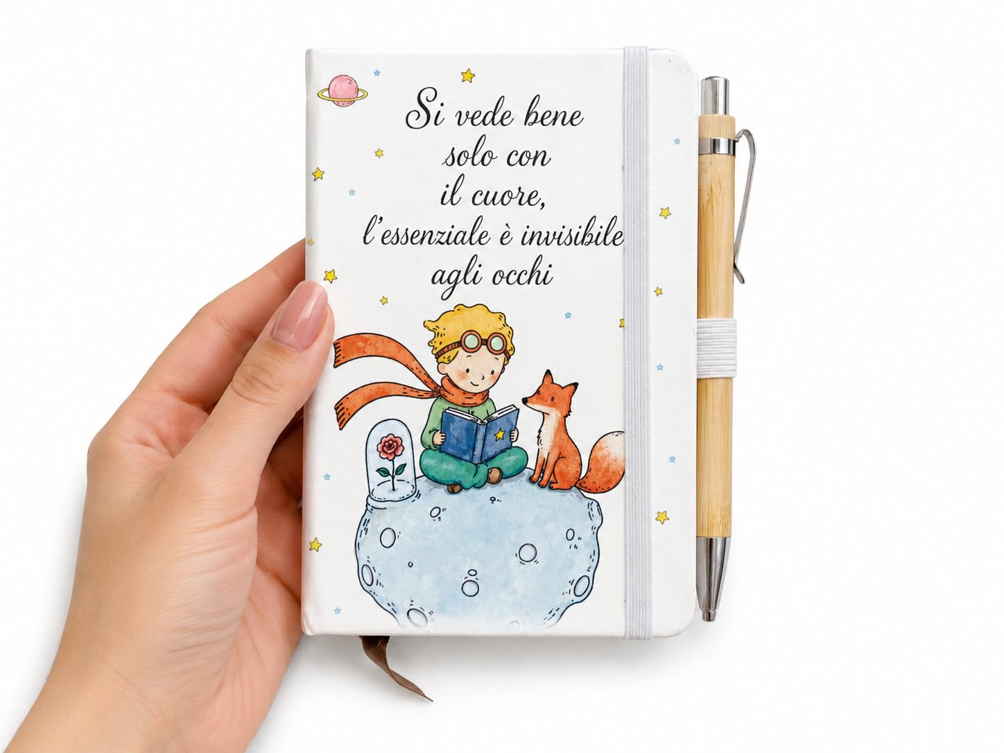 Set 6 Bomboniere Piccolo Principe – Notebook Illustrato con Penna in Bamboo, Scatola Regalo e Bigliettino a tema. Battesimo, Comunione, Compleanno, Regalo