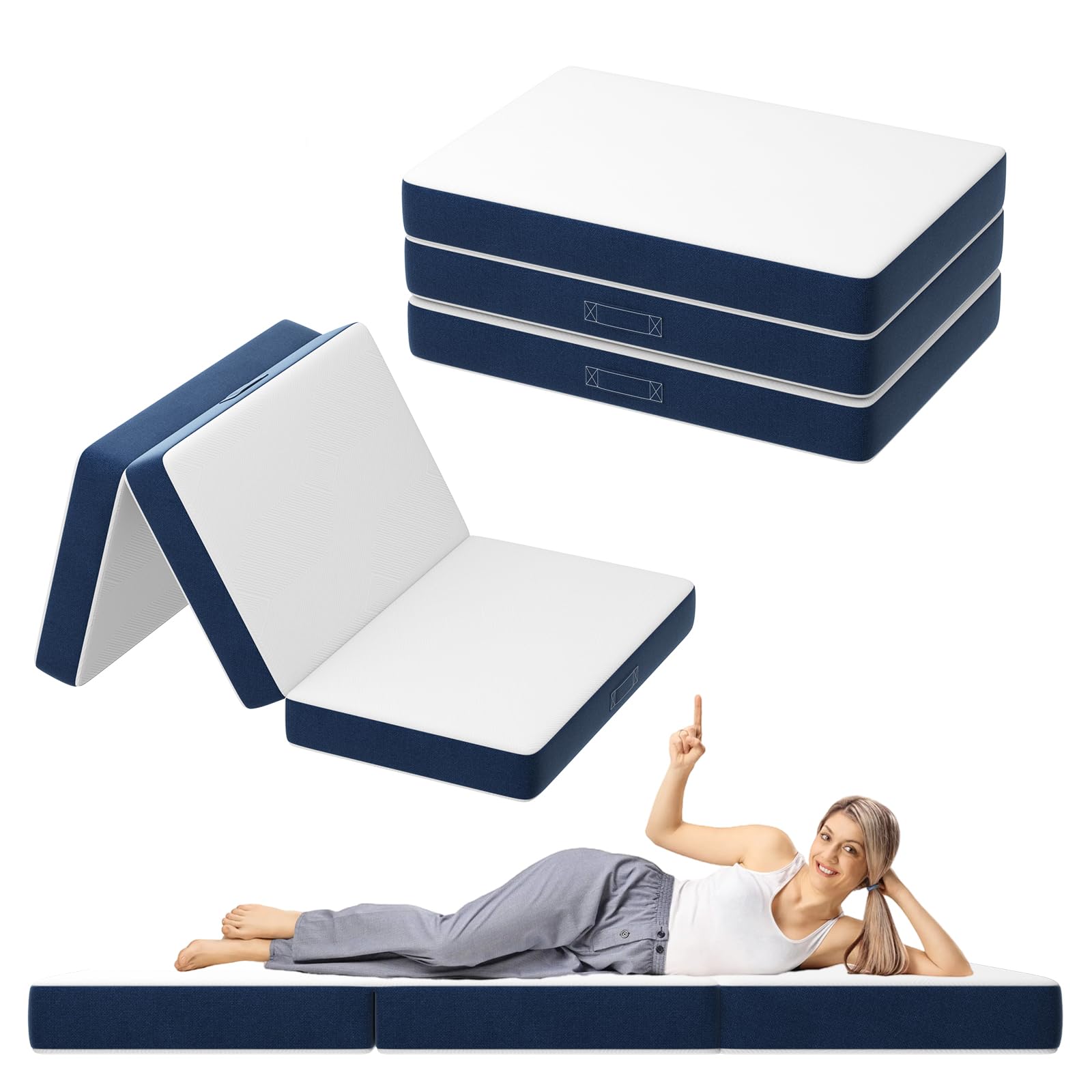 DEWINNER Colchón Plegable Triple 75x195x15cm, Colchón Versátil para Huéspedes, Espuma 15cm, Funda Lavable a Máquina, Colchón Plegable, Colchón de Viaje con Asa de Transporte