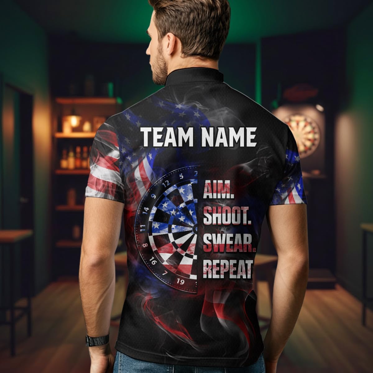 Custom Smoke US Flag Patriotic Darts Shirt for Men Women Aim Shoot Swear Repeat Darts Board Darts Team Jerseys Polo & 1/4 Zip