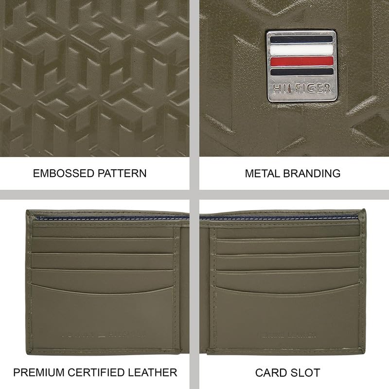 Image of Tommy Hilfiger Men's Slimfold Wallet Elgon - Olive | Embossed Leather | Global Coin Pocket | Stylish Purse for Men