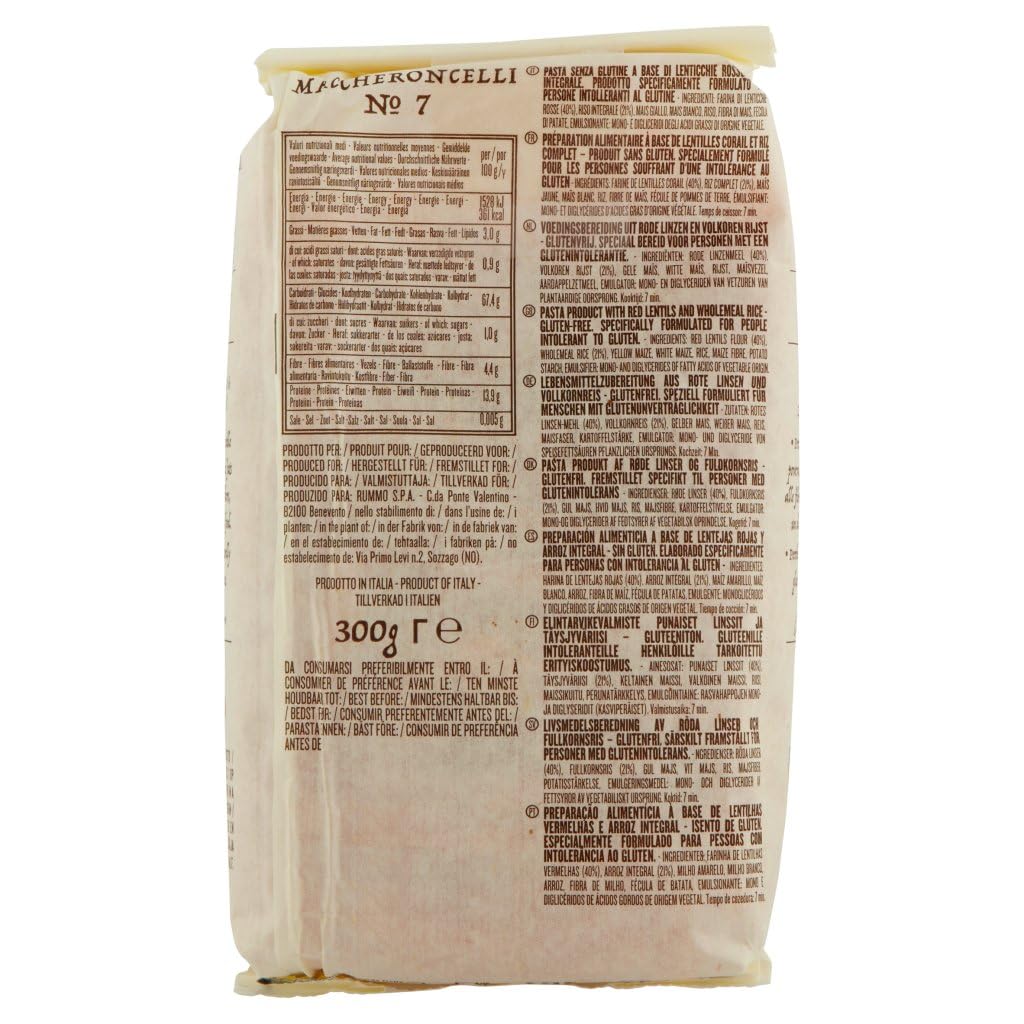 Italian Gourmet Maccheroncelli N°7 pasta lenticchie rosse riso 20 x 300g | Senza glutine, glutenfrei, mit integraler Reisbasis und Hülsenfrüchten, kurze, Gesamtnettogewicht 6 kg + Kostenlos Polpa 400g
