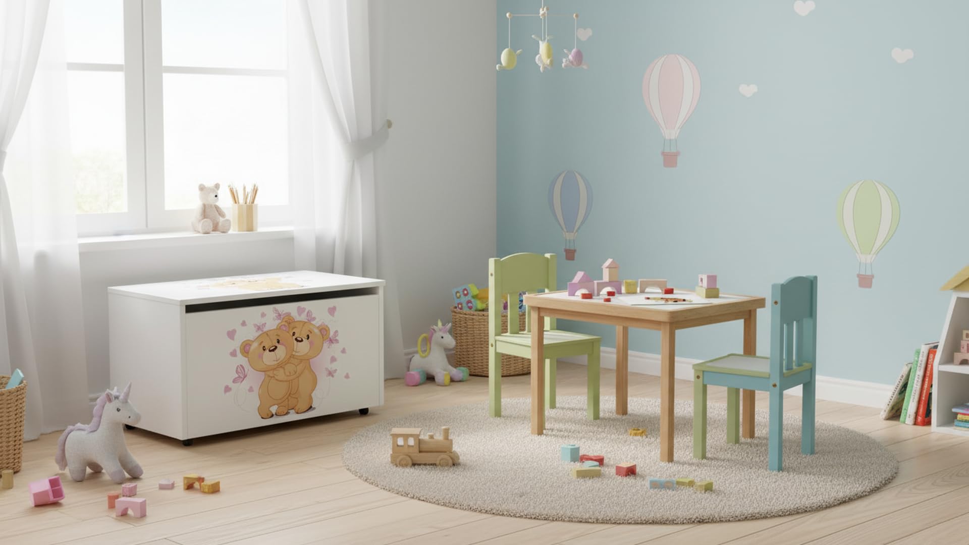 Baúl Infantil de Madera con Ruedas 71x40x46 cm y Tapa Seguridad