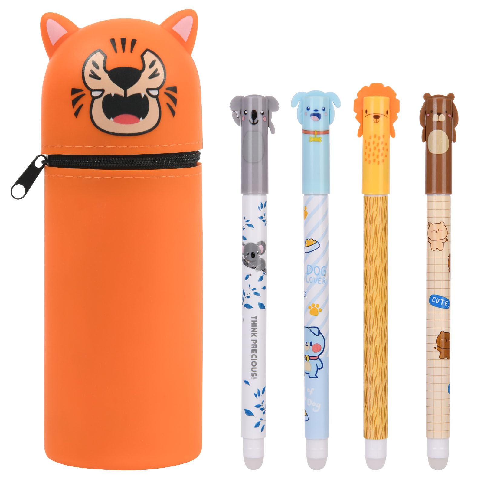OFFCUP 2 in 1 Soft Silicone Pencil Case, Filled Pencil Case with 4pcs Erasable Gel Pens, Kawaii Tiger Zipper Pen Holder, Pen Pouch for Office Home or School Back to School Children's Day Gifts