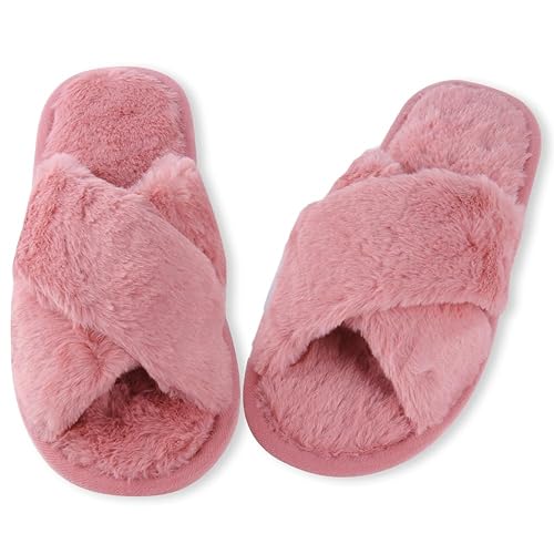 Womens Slippers, Ladies Crossover Open Toe Fluffy Slippers, Anti-Skid Warm