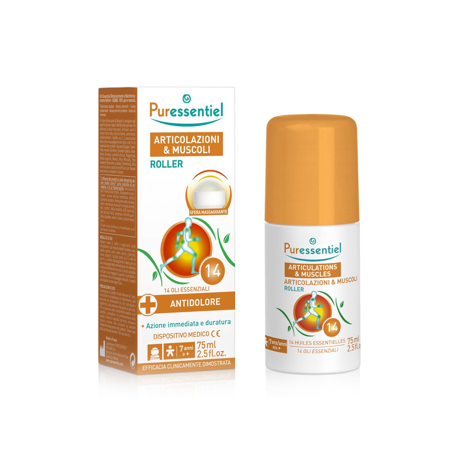 Puressentiel - Articolazioni e Muscoli - Roller Dispositivo Medico con 14 Oli Essenziali - Allevia i dolori muscolari e articolari - Formula 99,​9% di origine naturale - Con sfera massaggiante - 75ml
