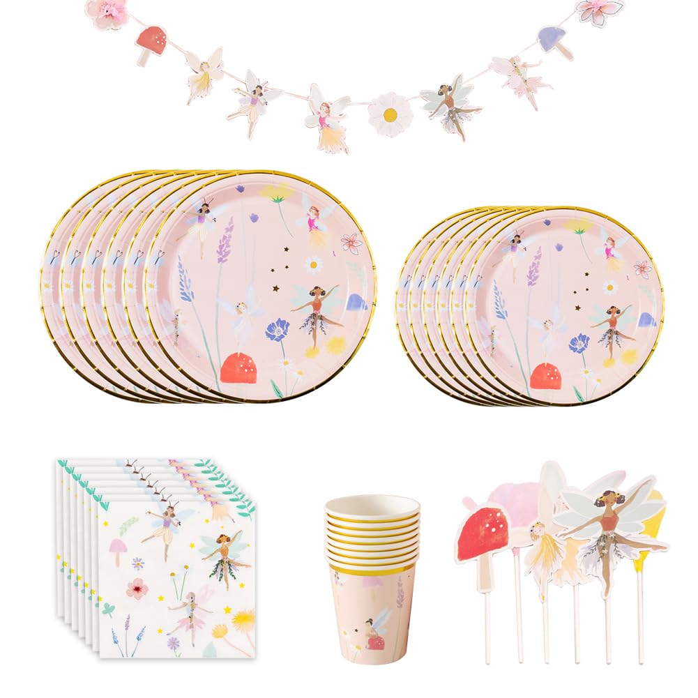 Wróżka zastawa na imprezę, zestaw papierowych talerzy wróżek, naczynia urodzinowe, na imprezę urodzinową, wesele, baby shower, piknik, dekoracja stołu dla 10 gości