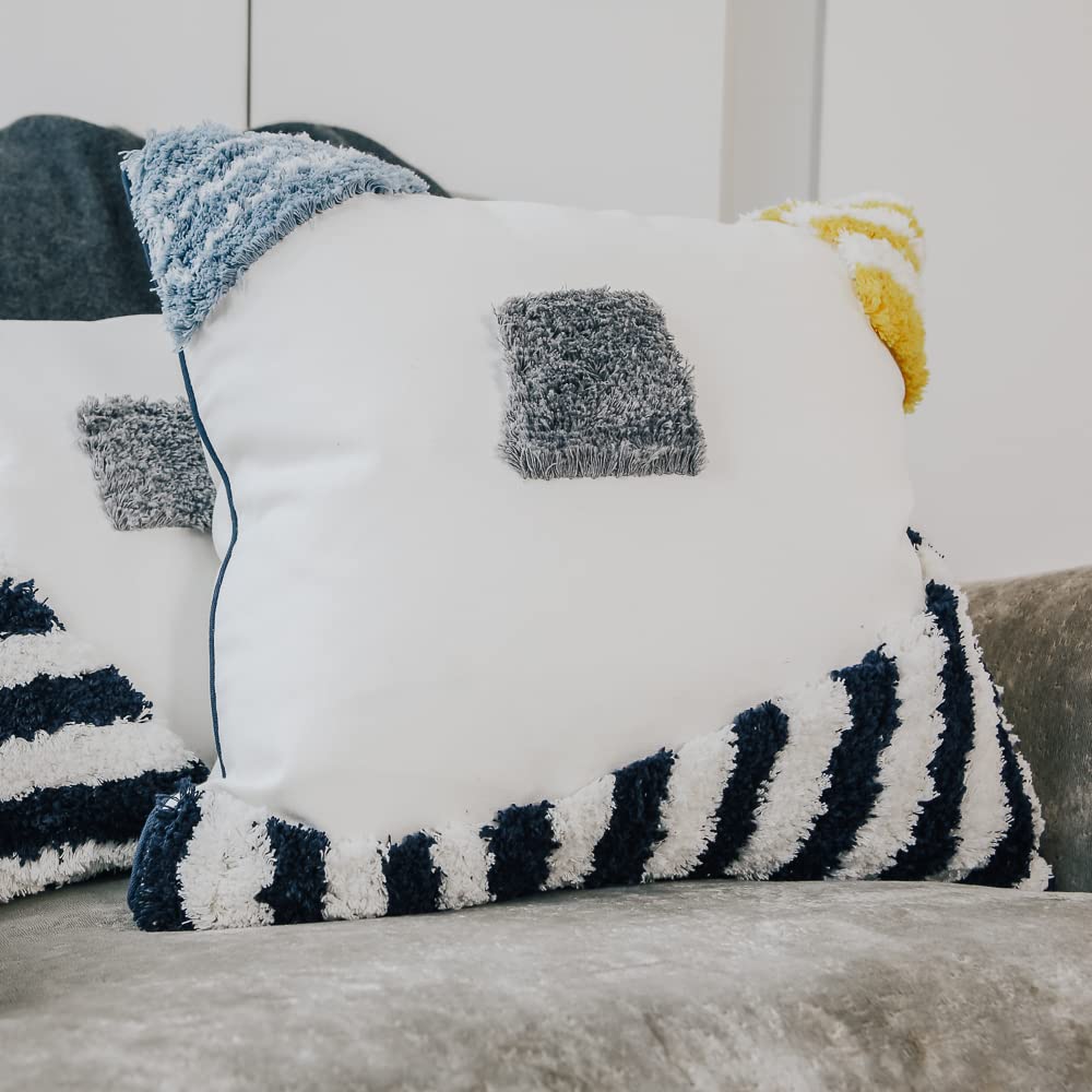 AH&G Boho Cushion Covers 18x18 - 2 Pack Square Pillowcases for Colourful Cushions White Cotton with Blue, Yellow and Grey Fluffy Tufts for Sofa, Bed, Decorative Pillows (45cm x 45cm)