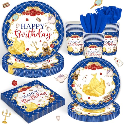 120PCS Beauty and the Beast Supplies for Baby Girls Birthday Party Decorations Cartoon Castle Princess Tableware Set Plates Napkins Cups Set for 20 Guests