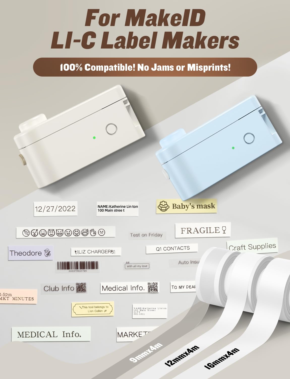 MakeID L1-C - Confezione di ricariche per etichettatura, 16 mm x 4 m, etichette continue, 5 rotoli, termolaminati, impermeabili, autoadesive, adatte per stampanti MakeID L1-C