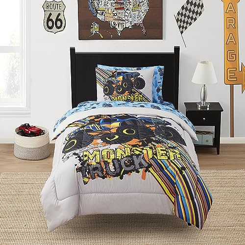 Image of Kids Bedding Set Bed in a Bag for Boys and Girls Toddlers Printed Sheet Set and Comforter, Twin, Monster Truck