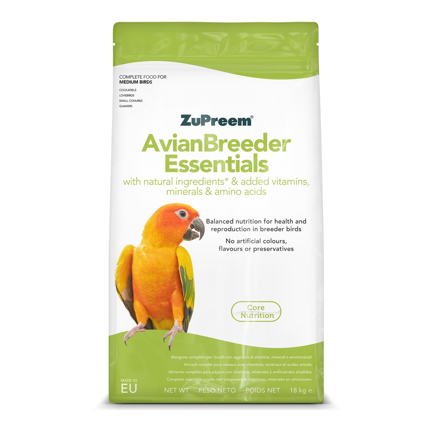 Zupreem Essentials Breeder Alimento para Aves de Tamaño Mediano - Pienso para Pájaros Indicado para la Cría de Agapornis, Cacatúas NINFA, Cotorras Pequeñas y Cotorras Argentinas - 18 kg