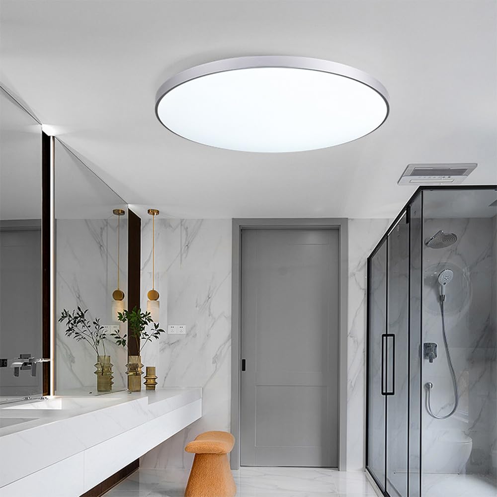 Mengjay LED Deckenleuchte Dimmbar,30W Deckenlampe Flach Rund,3000K/4000K/6000K 3Farben LED Lampen Deckenlampen,IP44 Wasserfest Badezimmer Lampe Küchenlampen,Modern Ultraslim Led Panel (Silber, 56W)