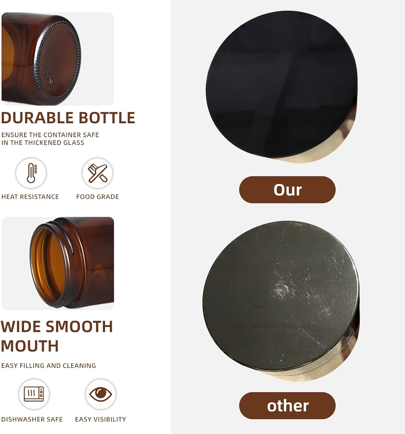 2 oz Glass Jars With Lids,50 Pack Amber Glass Jars With whit Inner Liners & Glossy Black Lids for Cream, Lotions, Powders, Ointments, Sample & Candle Small Making