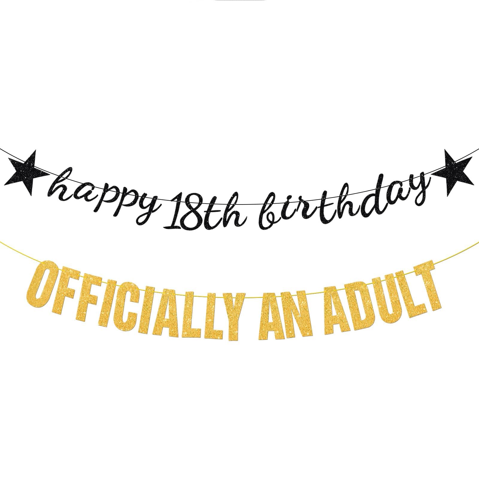Pre-Strung Black Gold Happy 18th Birthday Officially An Adult Banner Decor