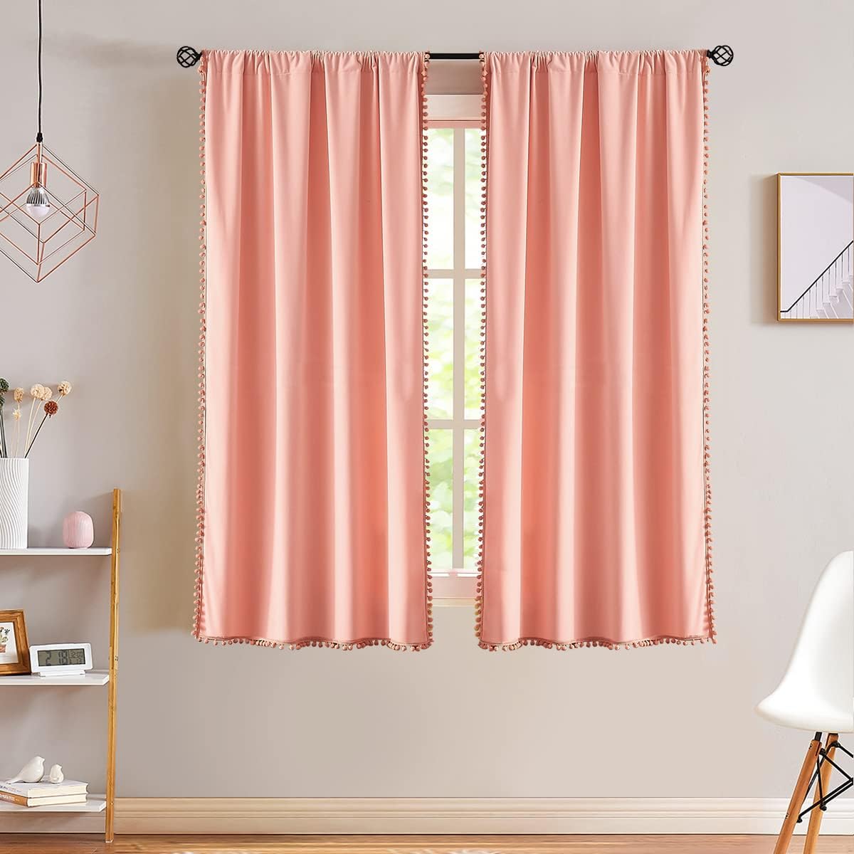 Treatmentex Velvet Blush Pink Curtains for Windows 63" Decorative Pom Pom Fringe Window Curtain Set for Girls Room Cotton Feel Soft, 1 Pair Coral