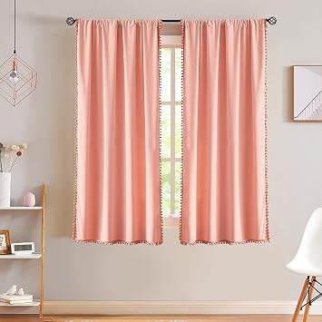 Treatmentex Velvet Blush Pink Curtains for Windows 63" Decorative Pom Pom Fringe Window Curtain Set for Girls Room Cotton Feel Soft, 1 Pair Coral