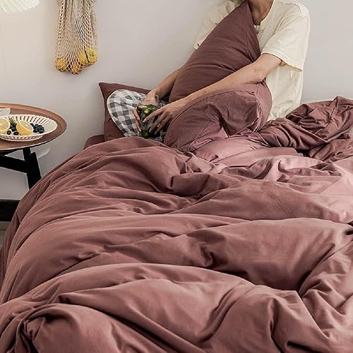 Miniatura 3 de AMWAN - Juego de funda de edredón de color rojo ladrillo, tamaño King, de algodón de punto, estilo simple, colección de ropa de cama de color rojo