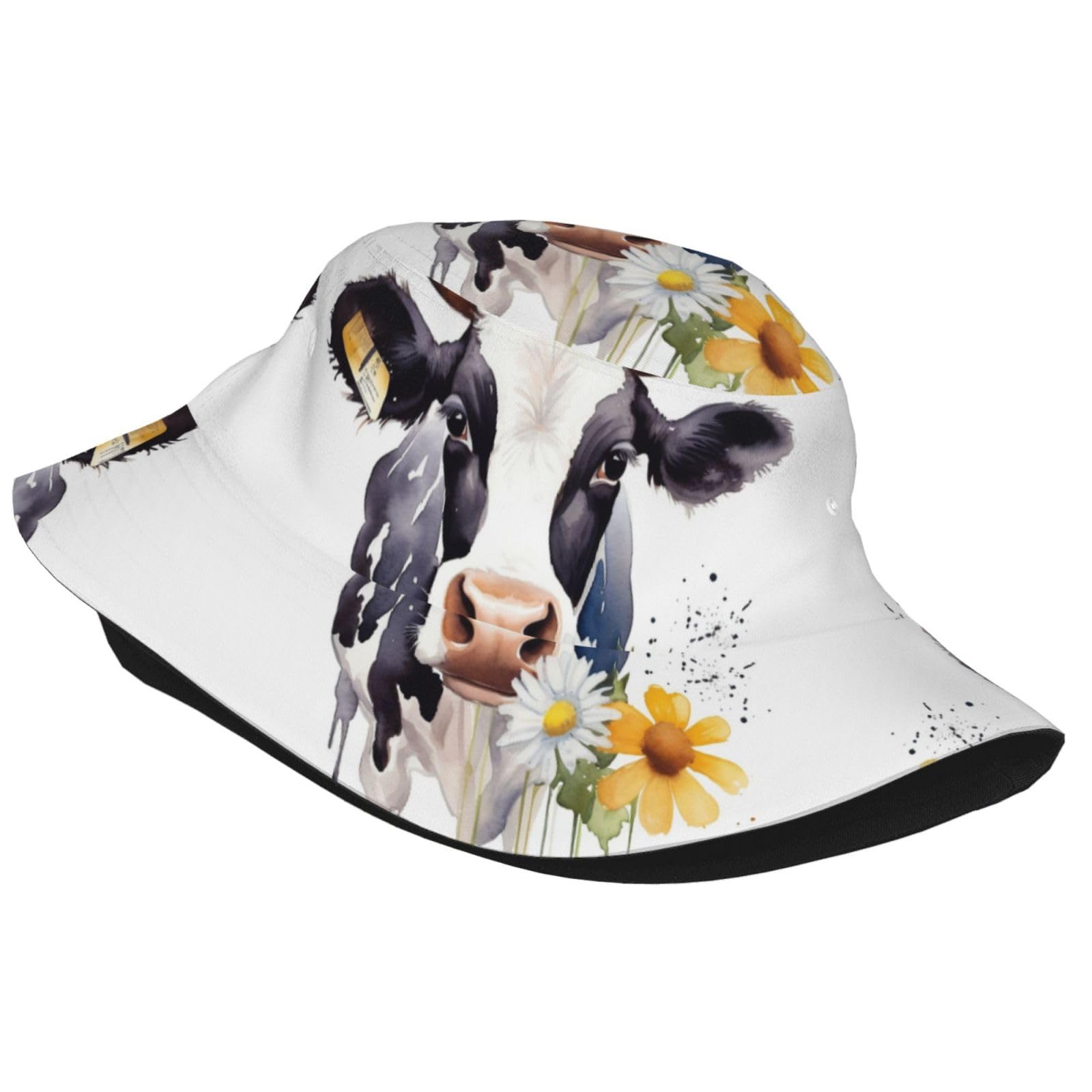 Unisex Cute Bucket Hat Watercolor Cow and Daisy Flower Summer Travel Fisherman Cap Beach Travel Sun Hat Outdoor Cap Black