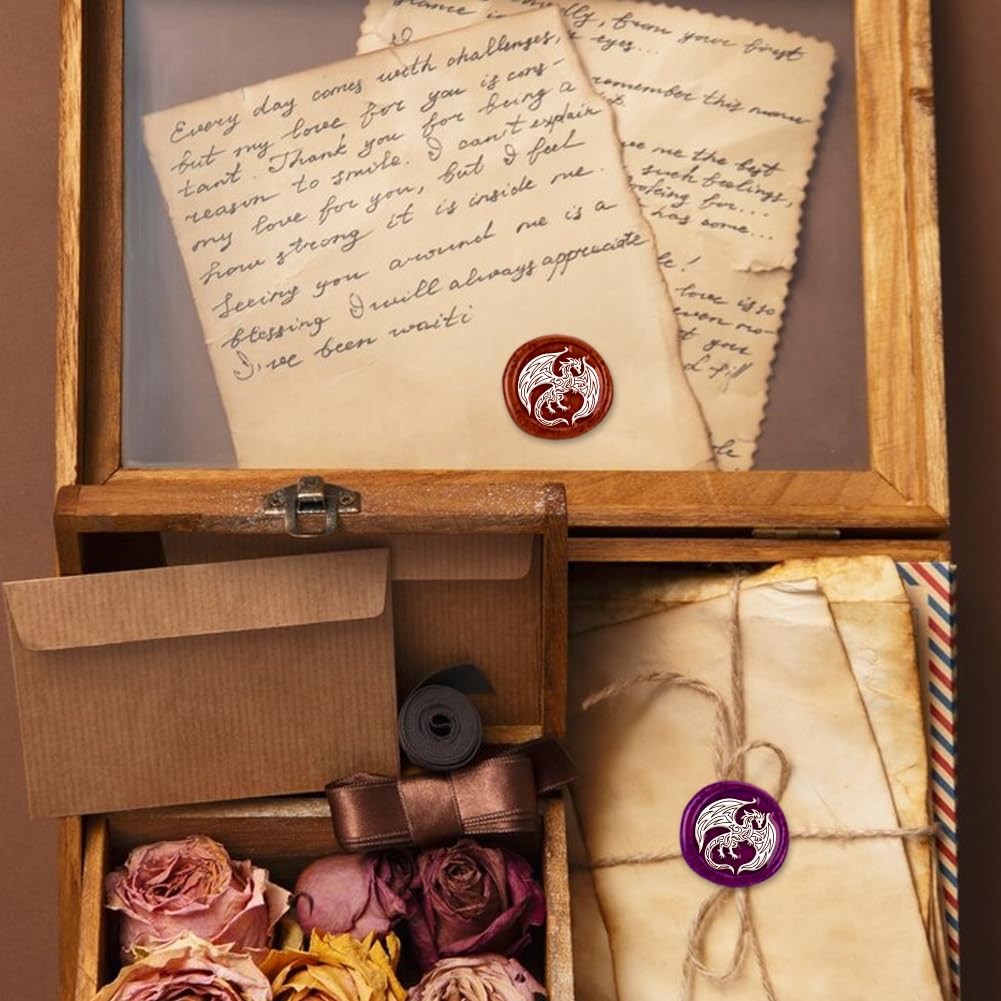 DELORIGIN 1" Totem Dragon Wax Seal Stamp Retro Sealing Stamps Removable Brass Head Seal Stamp with Wooden Handle Sealing Wax for Greeting Card Letter Invitations Gift Card Envelope Packing Craft - Image 3