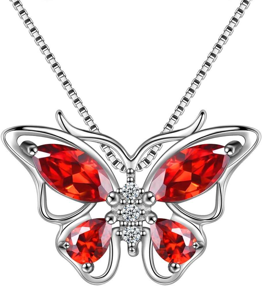 Butterfly Birthstone Pendant Necklace - Women 925 Sterling Silver Butterflies Birthstone Pendant Necklace Jewelry Birthday Gift for Women