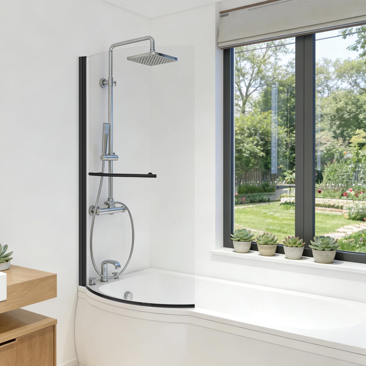 NRG 785x1400mm P Shaped Bath Shower Screen with Towel Rail Frameless Black
