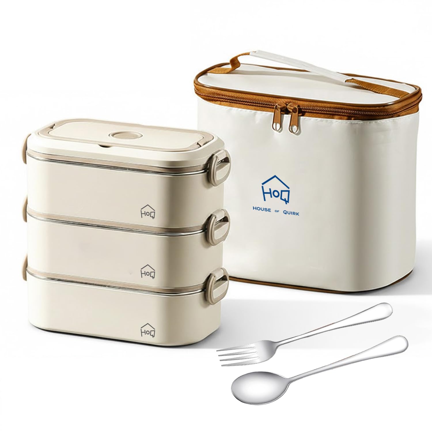 House of Quirk 304 Stainless Steel Bento Lunch Box for Adults – 3 Stackable Leakproof Containers with Insulated Thermal Carry Case, Spoon & Fork Included, Microwave Safe Portable Tiffin Box (Beige)-image-11