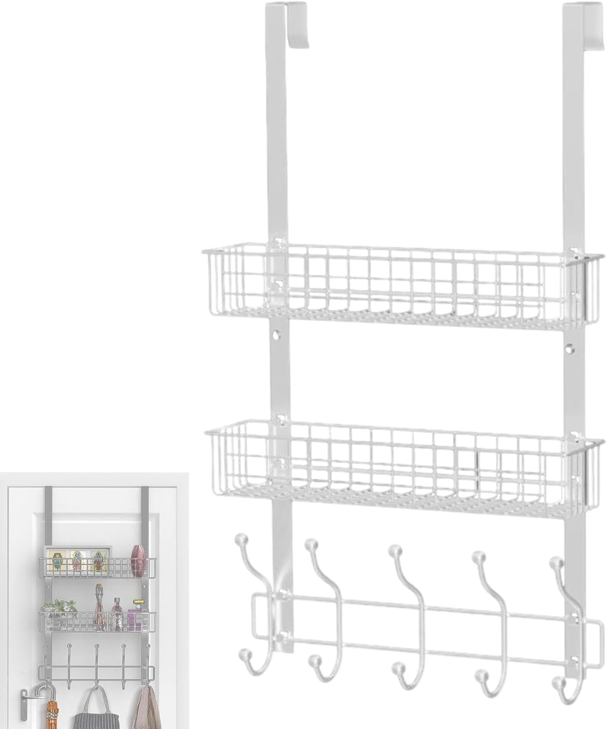Back Door Organizer | Wardrobe with Over-Door Coat Hangers & Basket | Laundry Organization – Perfect for Bedrooms, Living Rooms, Kitchens, Offices, Bathrooms,DREI Schichten Von Weiß