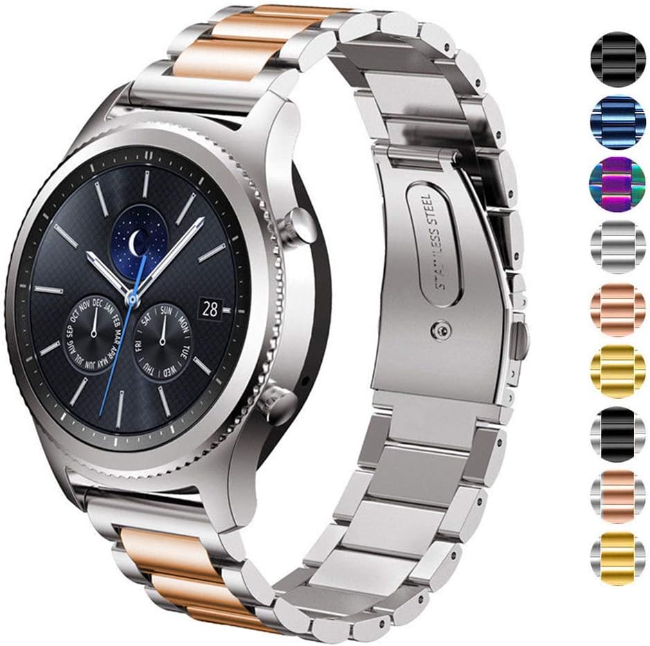 DEALELE Strap Compatible with Samsung Gear S3 Frontier/Classic/Galaxy Watch 46mm / Galaxy 3 45mm, 22mm Stainless Steel Metal Bracelet Replacement for Huawei Watch 3 / GT2 46mm, Silver-Rose gold