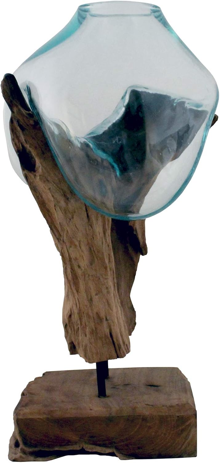 Cohasset Molten Glass | #648-45 | Standing Molten Glass & Wood Sculpture | Terrarium | Fairy Garden | Approximately 18" Tall | Natural Wood and Recycled Glass |