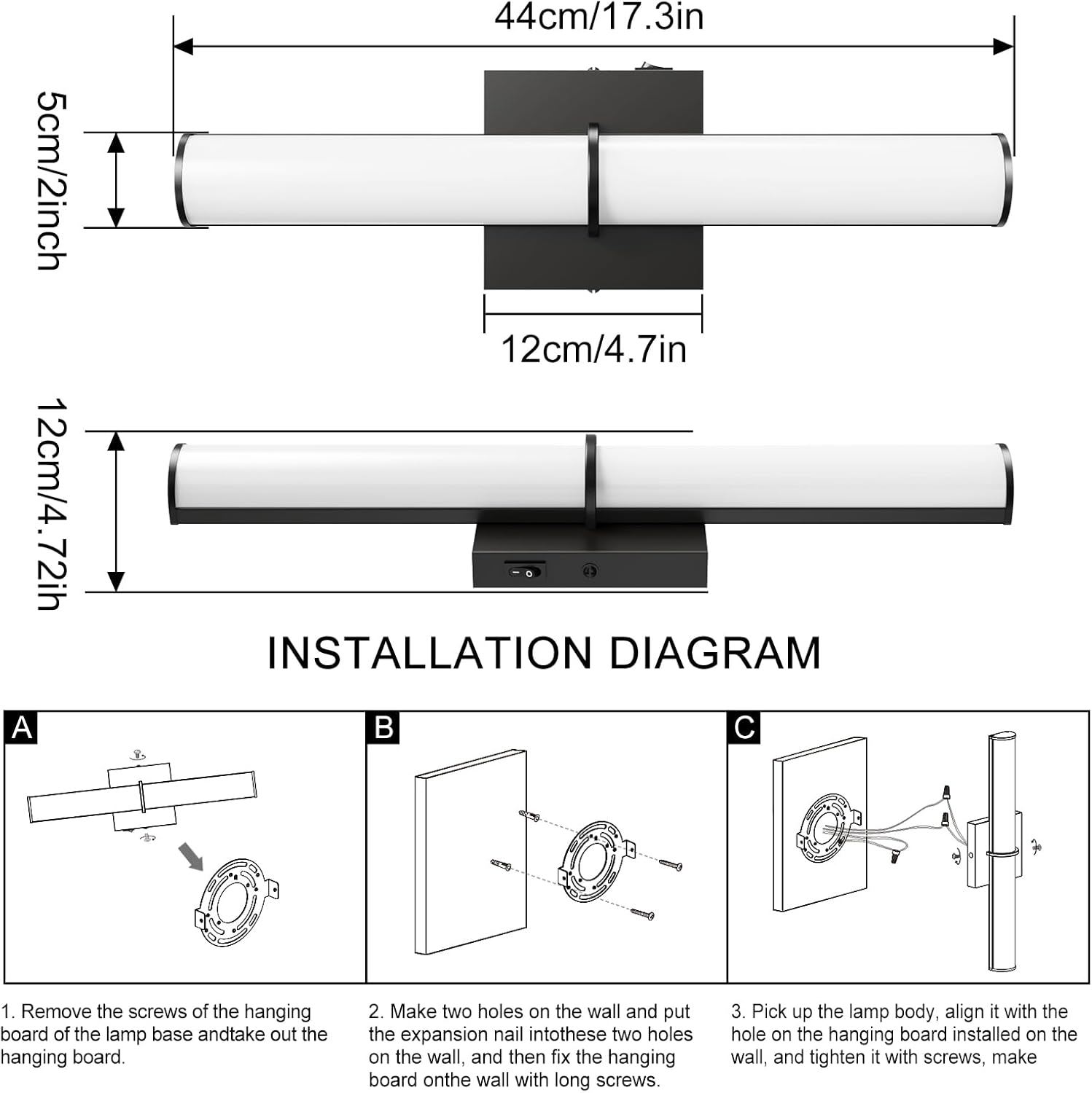 OOWOLF 2Pack 17.3Inch Black Vanity Light Fixture with Switch, 12W 5000K Led Bathroom Light Fixture Over Mirror, Hardwired Wall Light, 1200LM Vanity Light Bar for Mirror Bedroom Hallway Living Room