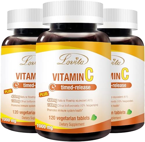 Lovita Vitamina C de 1000 mg con bioflavonoides y rosa HIPS, revestimiento de liberación temporizada, alta potencia, apoya la función inmunológica
