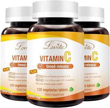 Lovita Vitamin C 1000mg with Bioflavonoids & Rose HIPS, Timed Release Vitamin C, High Potency Vitamin C to Boost Healthy Immune Function, 120 Vegetarian Tablets for 4 Month Supply Pack of 3