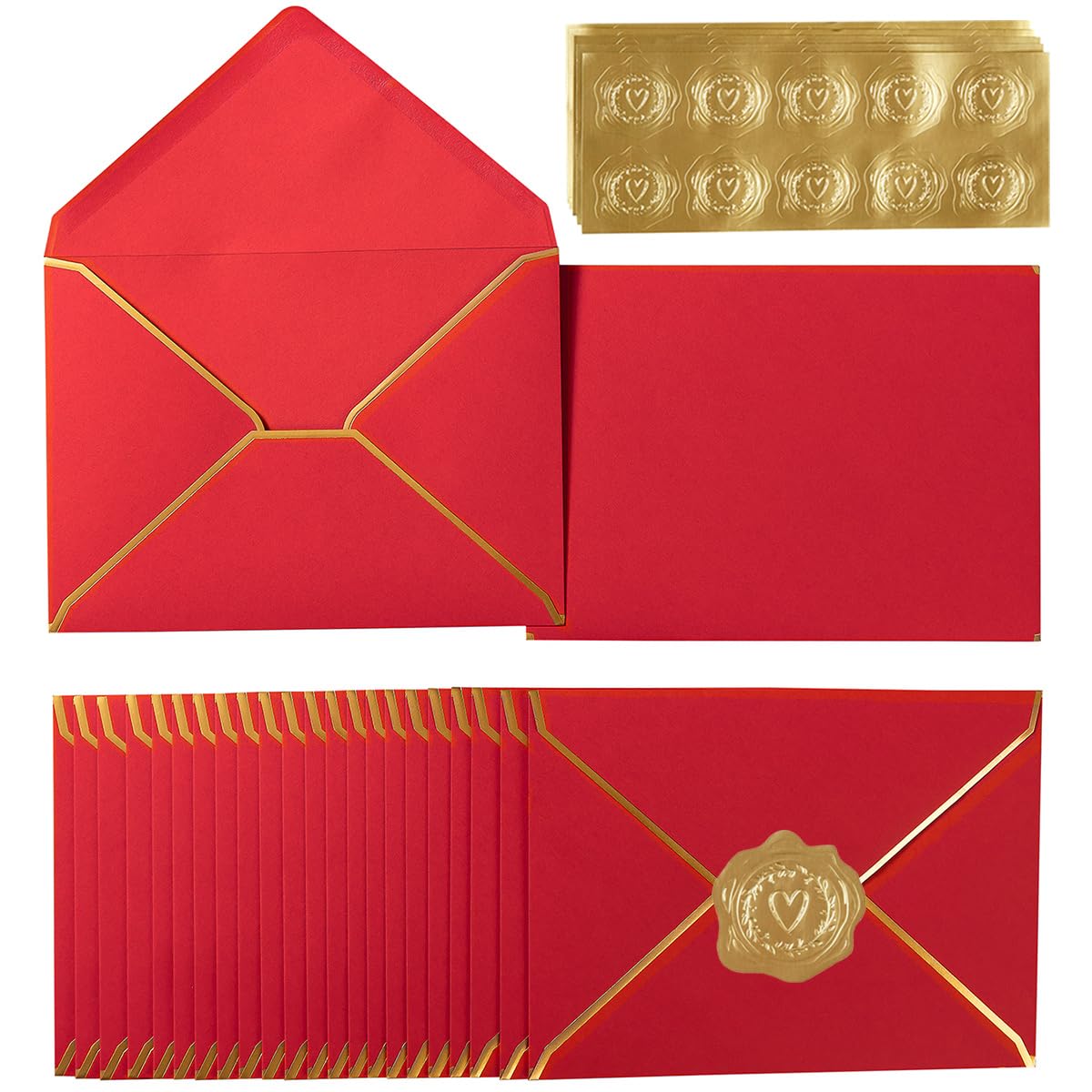 100 Pack Red A7 Envelopes 5 x 7 Card Envelopes with Gold Border for Office, Wedding Gift Cards, Invitations, Graduation, Baby Shower, Parties (5.32 x