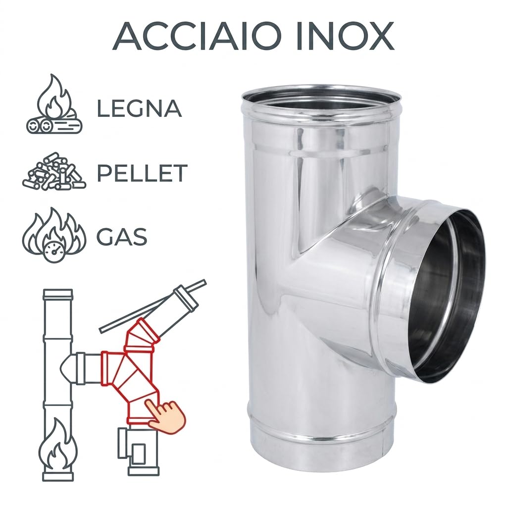 MAKA Raccordo a T 135° Braga per Canna Fumaria in Acciaio Inox, Raccordo Inclinato Monoparete per Stufa a Legna Pellet e Caldaia (Ø 120 mm, AISI 304)