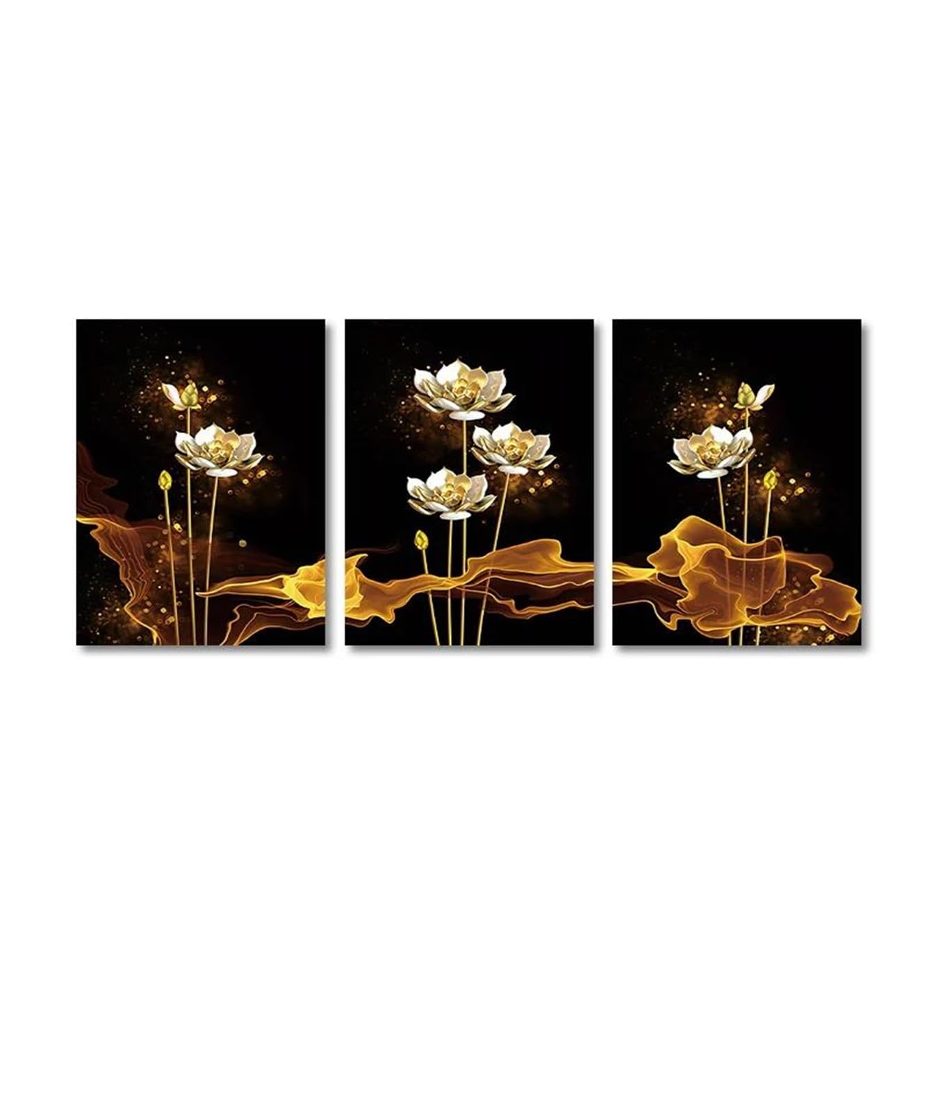 Affiches décoratives fleur de lotus pour habiller un mur vide : lot de 3 toiles or
