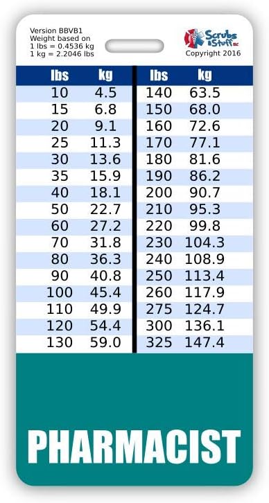 Pharmacist Badge Buddy Vertical w/Height & Weight Conversion Charts (Standard, Teal)
