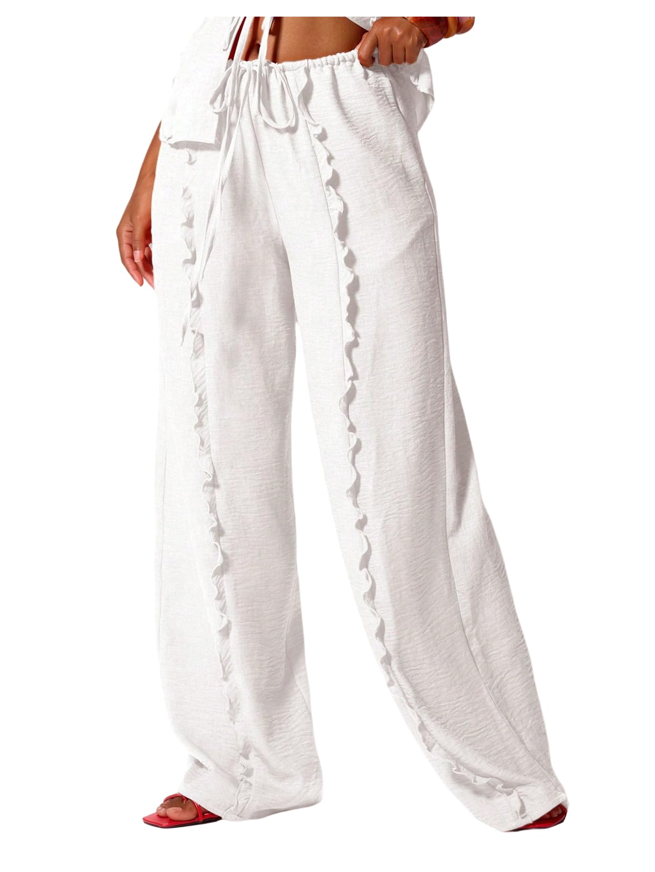 GORGLITTER Womens Wide Leg Pants Low Rise Linen Palazzo Pants Trousers Bottoms