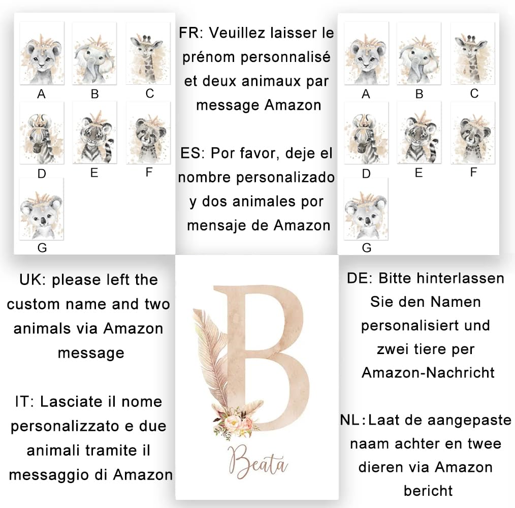 3 Laminas Personalizadas Bebe Cuadros Iniciales Poster Animales Selva León Elefante Jirafa Habitacion Infantil Decoración Pared Habitación Niño Niña Regalo 30x40 cm sin Marco