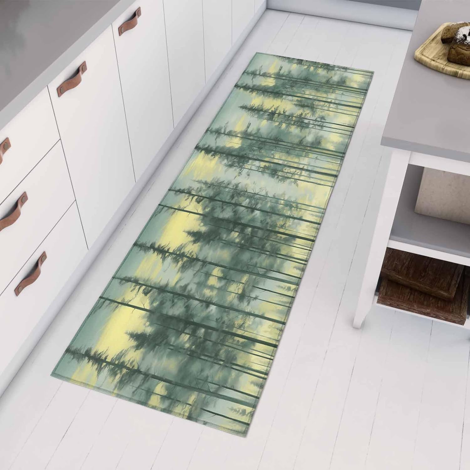 Teamery Kitchen Mats for Floor Abstract Forest Pine Tree Washable Non Slip Kitchen Rugs 1PCS, Oil Painting Natural Scenery Absorbent Standing Mats for Sink Bathroom Office Living Room 23.6x70.9in
