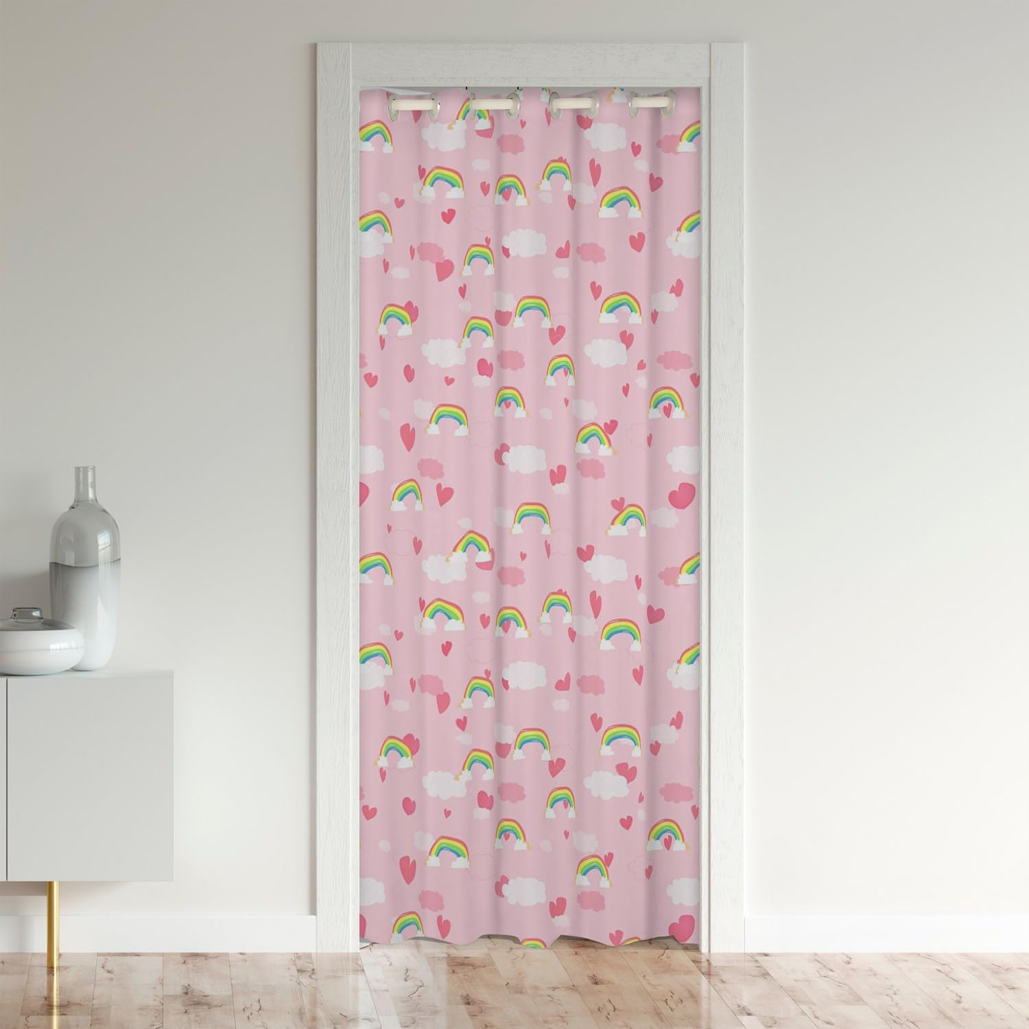 Rainbow Door Curtain for Doorway Privacy Cloud Print 30%-50% Room Darkening Blackout Curtain for Bedroom Decor Hear Love Room Divider Curtain Cover Pink Theme Window Treatments 132x203cm
